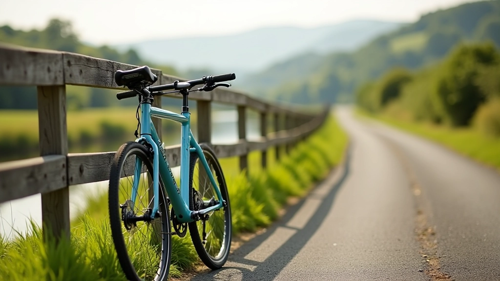 Bicycle leaning against railing overlooking river valley with cycling route visible in distance