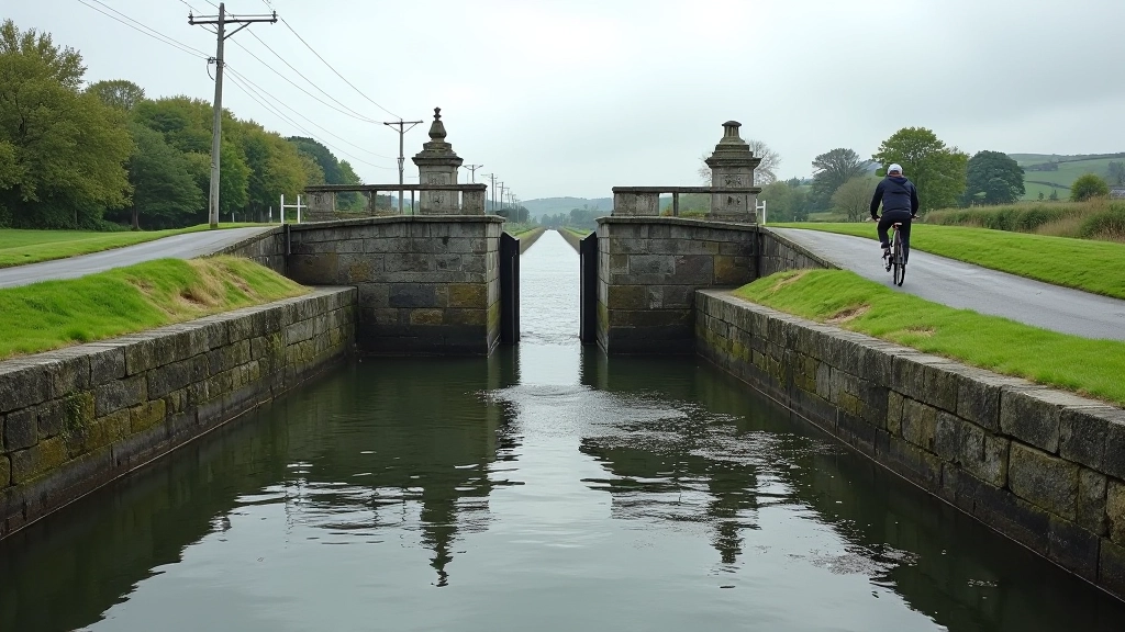 Canal lock structure with cyclist approaching, showing water level management and towpath infrastructure