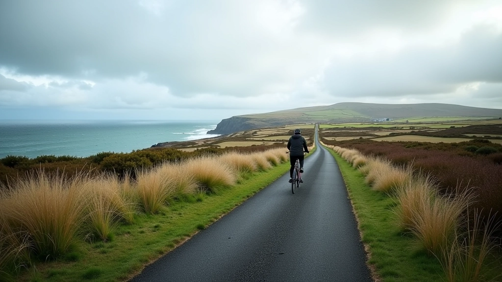 Coastal greenway path with ocean views, cliffs visible in distance, wild vegetation along the route