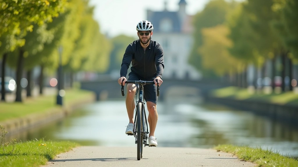 Cyclist riding along peaceful canal path with tree-lined banks and urban buildings in background