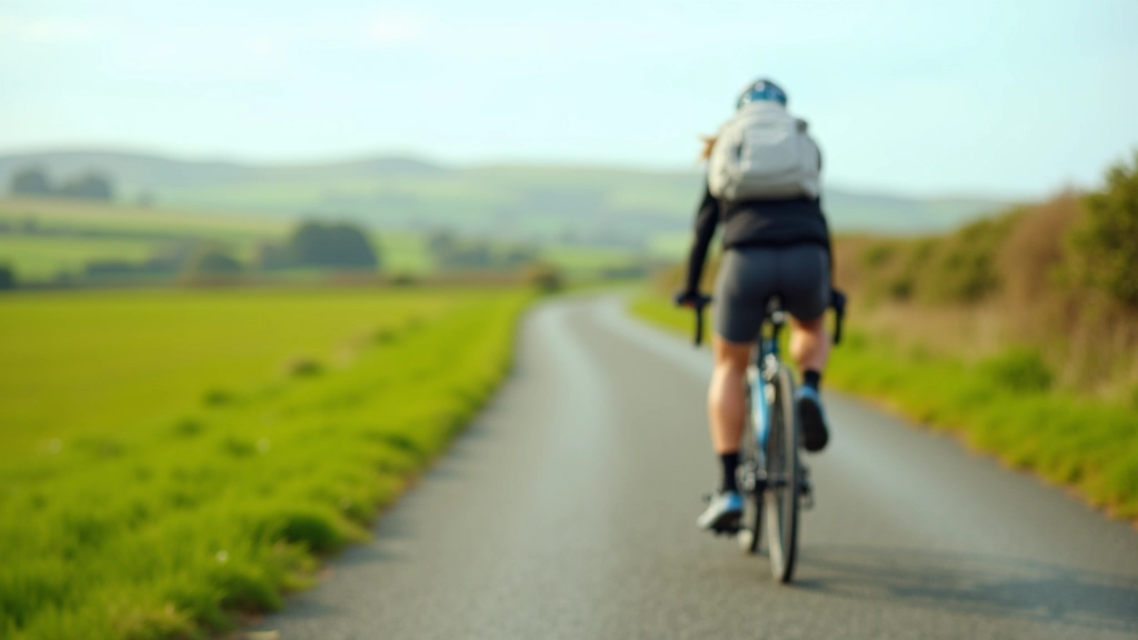 Cyclist riding on a dedicated greenway path with green fields stretching into the distance