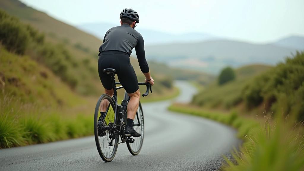 Cyclist positioned on bicycle demonstrating proper climbing posture on steep road section