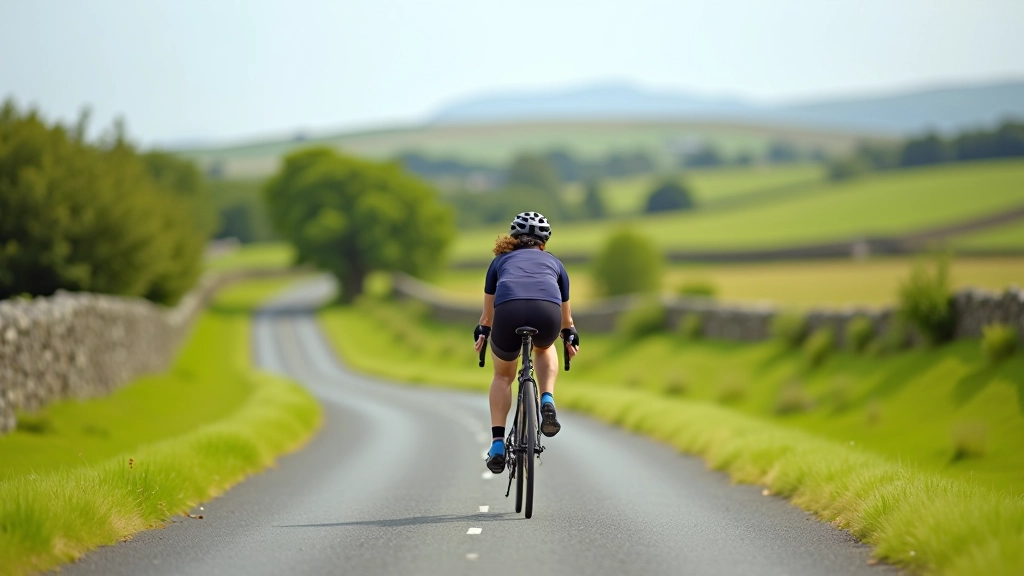 Cyclist riding on smooth paved greenway with stone wall and Irish countryside in background