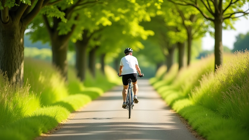 Cyclist riding on a scenic Irish greenway path with green fields