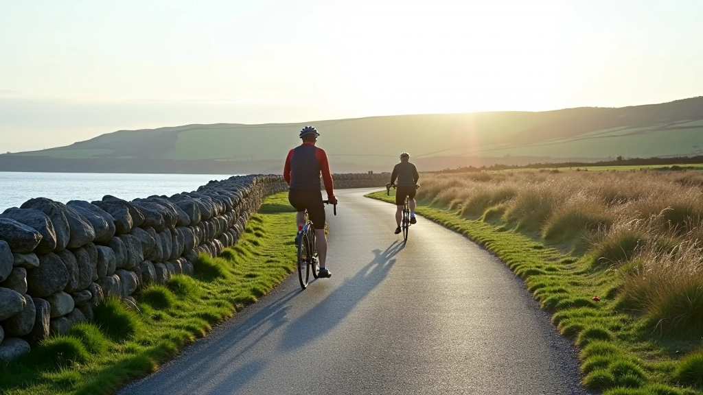 Paved greenway path with Clew Bay visible on the left side, traditional stone walls bordering the route