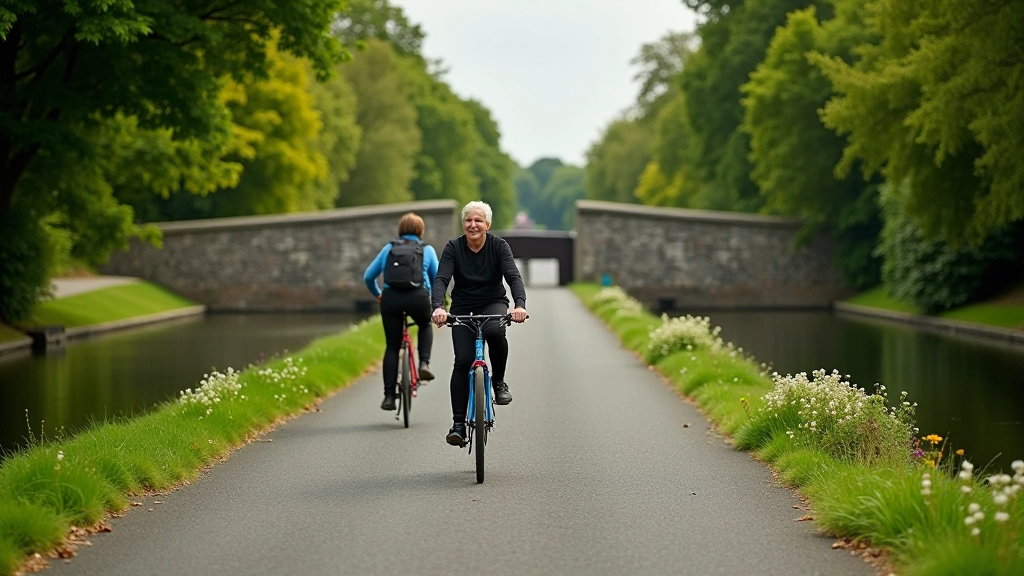 Historic canal path with towpath cycling route alongside calm waterway