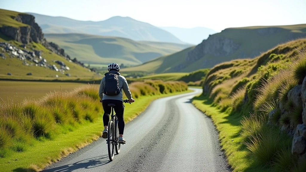 Limestone landscape of the Burren region with winding cycling route through rocky terrain