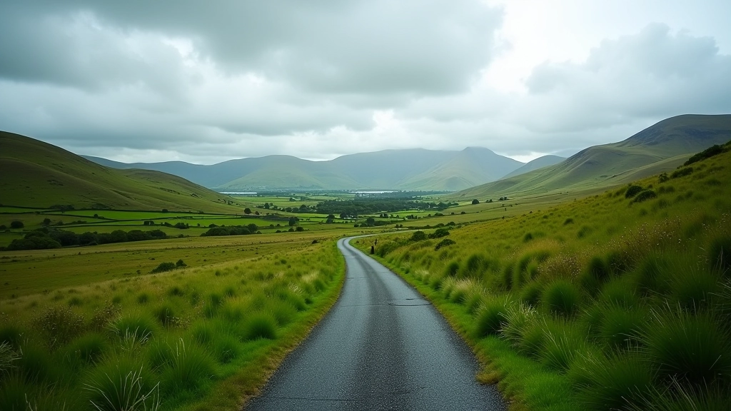 Scenic Irish landscape with rolling green hills and winding cycling path stretching across countryside