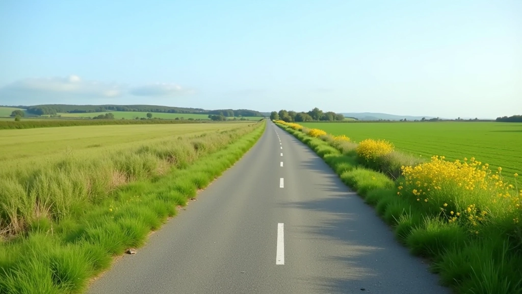 Paved cycling path stretching through green fields with wildflowers, clear sky, calm rural landscape