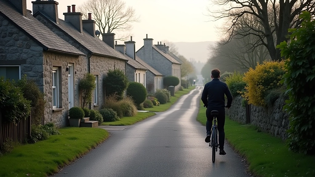 Small village street with traditional Irish buildings and cycling path passing through, quiet morning light