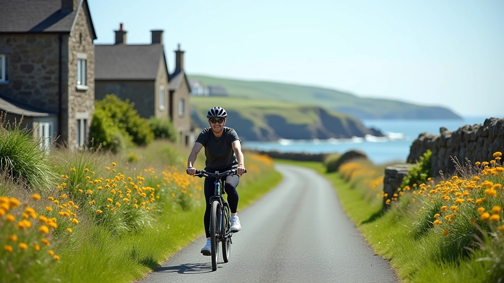 Scenic coastal view of Clew Bay with traditional stone cottages nestled along the greenway route