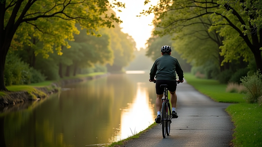 Waterfront cycling path along calm water with reflections of sky and trees