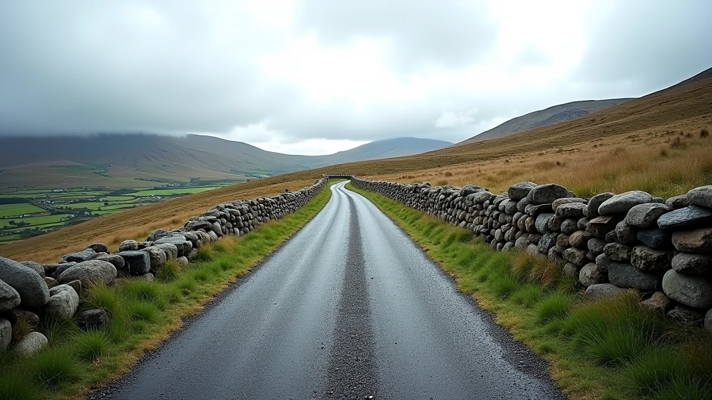 Steep limestone road winding through sparse Burren vegetation with dramatic rocky hills in the distance