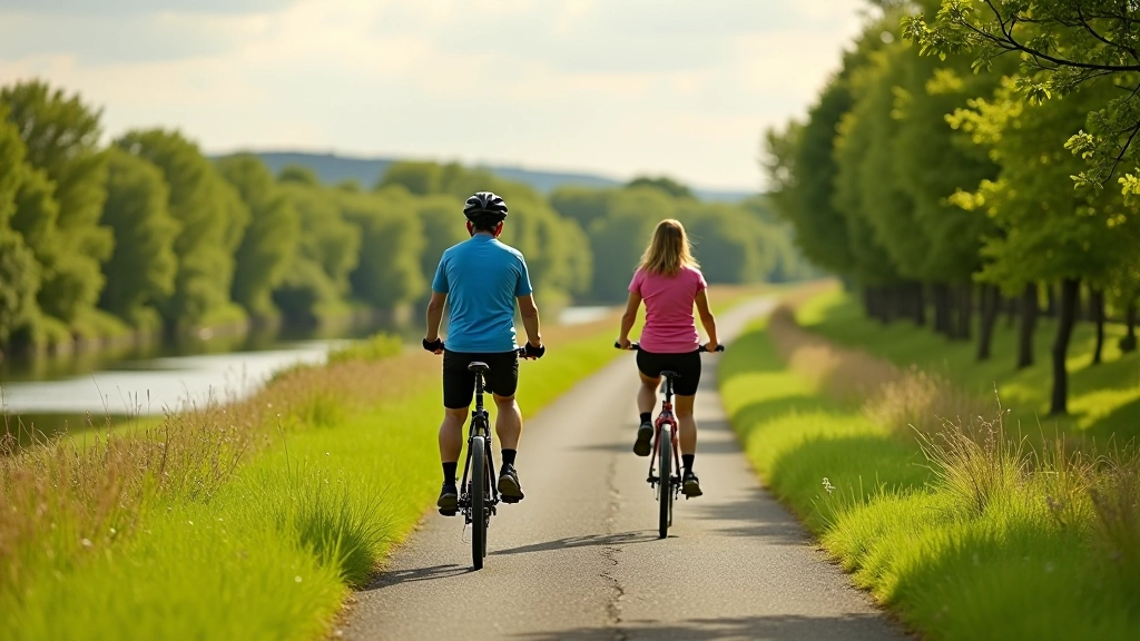 Cyclists riding together on greenway path with river visible in background and tree canopy overhead