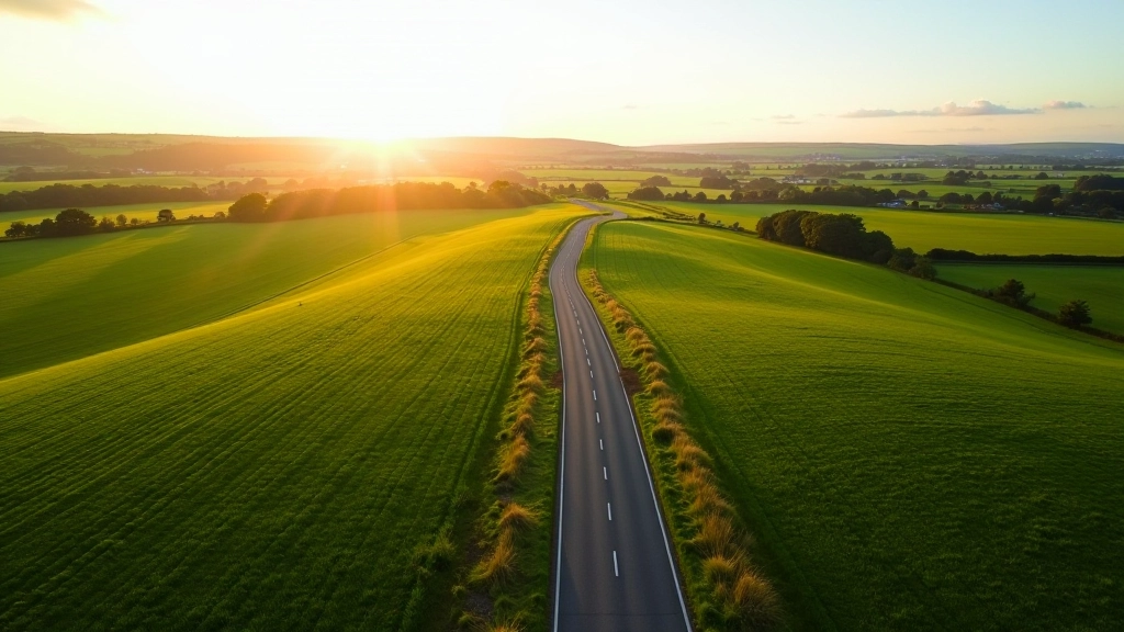 Scenic cycling path along Irish countryside with green fields and blue sky