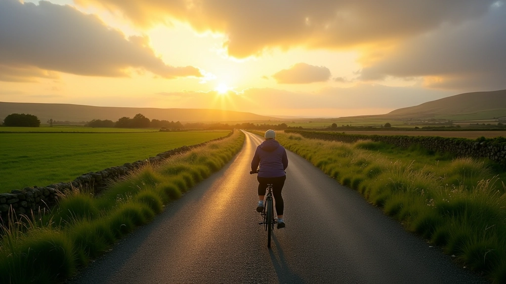 Wide scenic cycling path through Irish countryside with green fields and blue sky